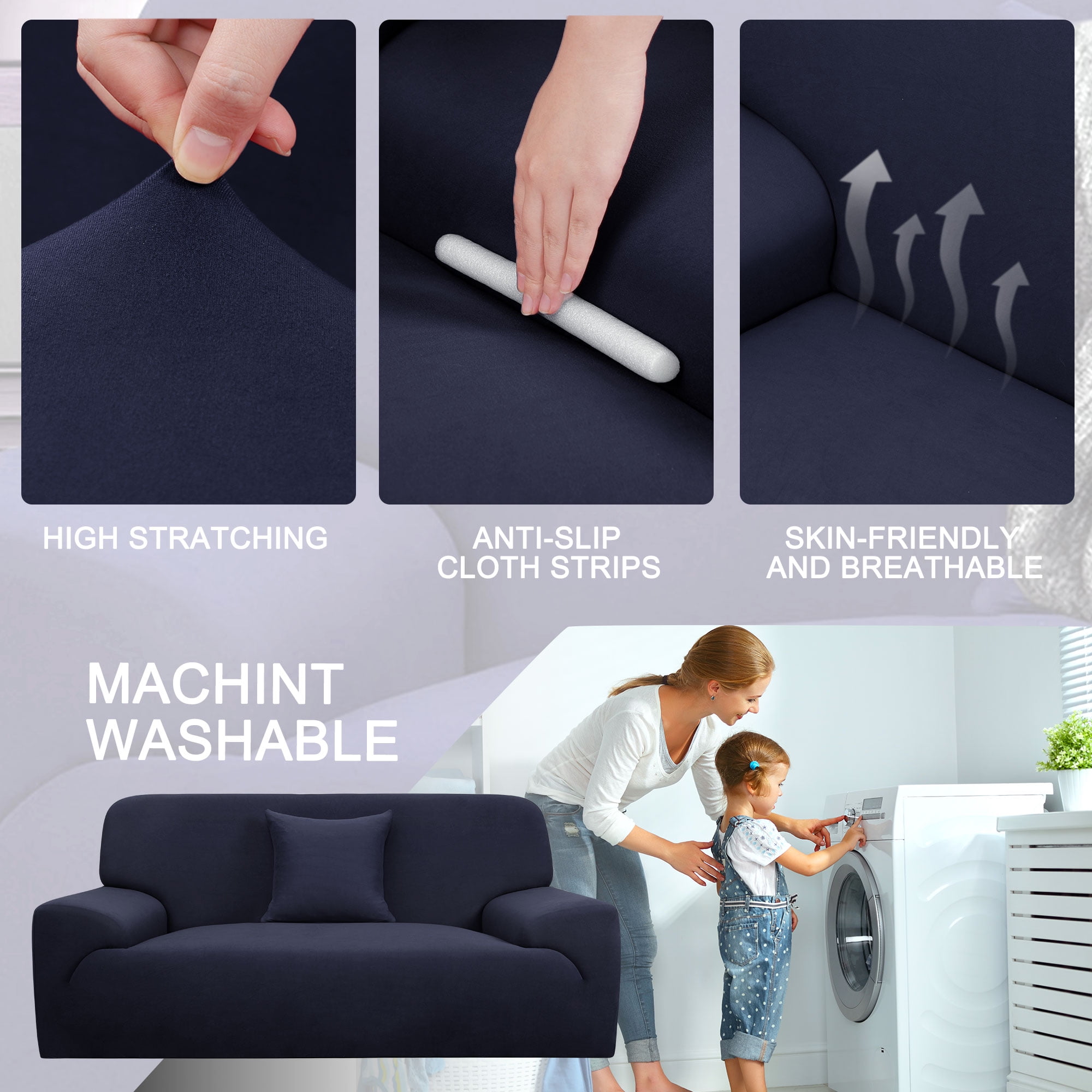 PiccoCasa Thick Stretch Sofa Cover 2 Seater Solid Couch Cover, Dark Blue