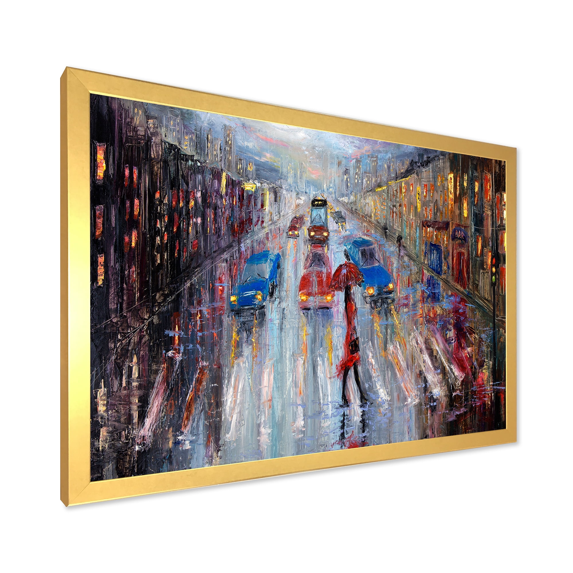 Designart 'Girl In Red Crossing The Street' Traditional Framed Art Print