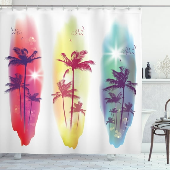 Tropical Decor Shower Curtain Set, Palm Trees Birds Seagulls Pattern Silhouette On Surfing Boards Seascape Theme, Bathroom Accessories, 69W X 70L Inches, By Ambesonne