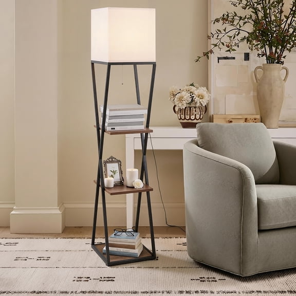 ROSEN GARDEN Floor Lamp with Shelves Walnut Finish, Modern Living Room Lamps
