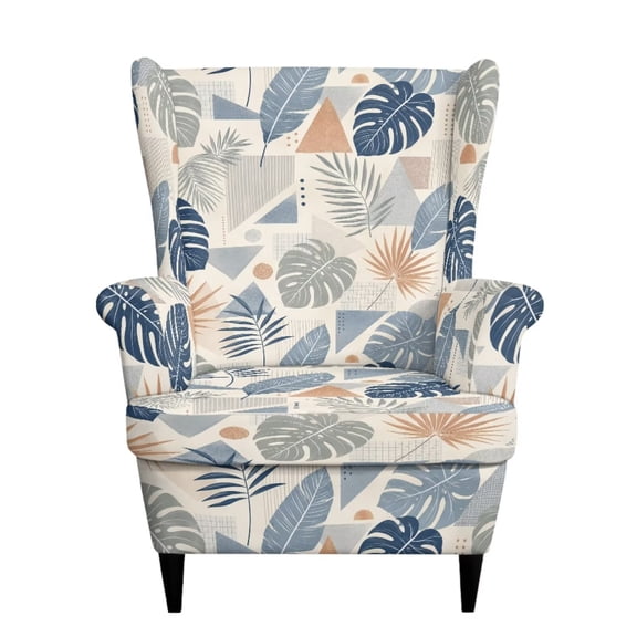 SEANATIVE Wingback Chair Cover 2 Piece Stretch Wing Chair Slipcovers Spandex Arm Chairs Cover Stain Resistant High Back Armchair Protector for Wingback Chairs, Tropical Monstera Leaf Beige Blue