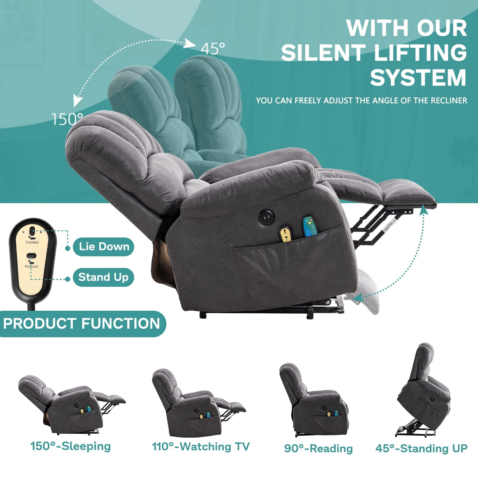 MEETWARM Large Power Lift Electric Recliner Chair with Massage and Heat, Overstuffed Wide Recliner for Elderly Big People, Heavy Duty Recliners with 2 Remote Controls, USB Ports, 2 Side Pockets, Gray