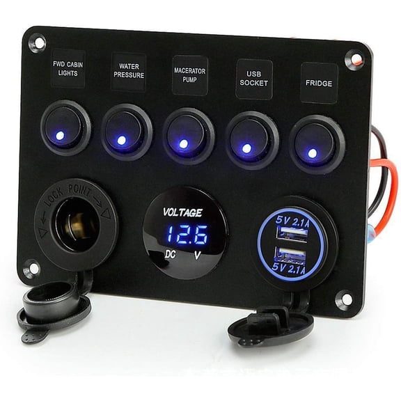 JINLONG Marine Ignition Toggle Rocker Switch Panel, Dual USB Socket Charger 4.2A, LED Voltmeter, 12V Power Outlet, 5-Gang ON/Off Switch, for RV, Car, Boat, Truck & Yacht