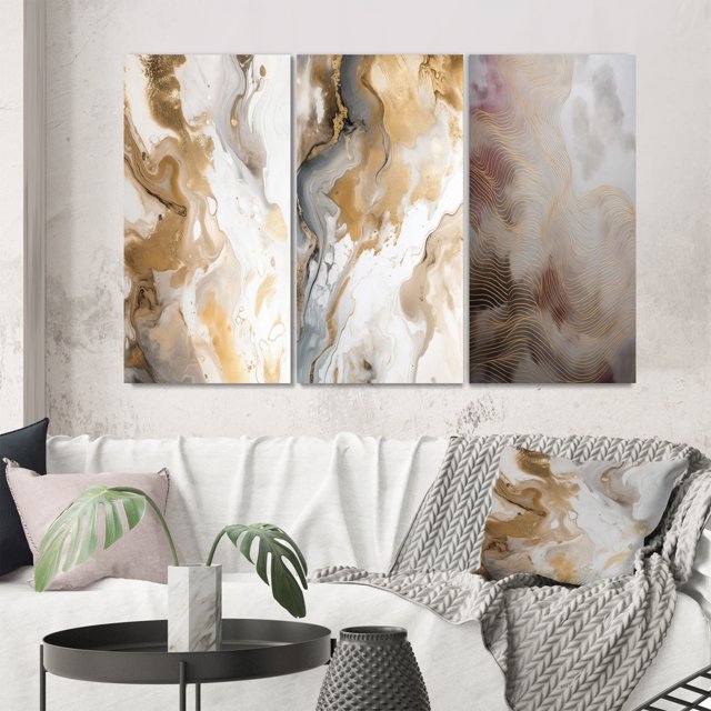 Designart "Abstract Line Artistry Gold and Grey I" Minimalism Line Art Wall Art Set Of 3 - Gold Line Art Gallery Set For Office Decor