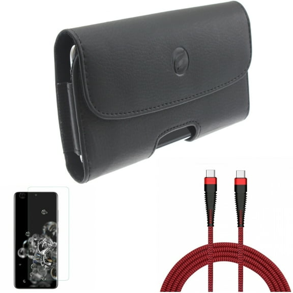 Case Belt Clip w Screen Protector w 10ft PD Cable for Samsung Galaxy S20 Ultra - Leather Holster Cover, Tempered Glass [Fingerprint Unlock] 3D Curved Edge, Type-C to USB-C fits Galaxy S20 Ultra