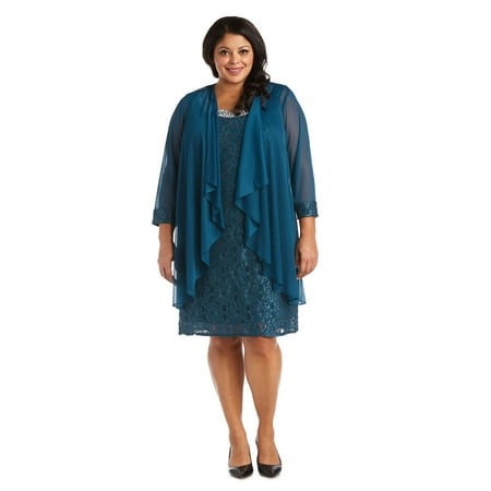 Plus Lace Shift and Sheer Jacket Set with Pearl Embellishments