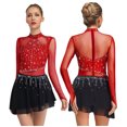 thumbnail image 5 of YiZYiF Women Sparkly Rhinestone Long Sleeve Figure Skating Dress Irregular Hem Skirt Lyrical Ballet Dance Wear Burgundy S, 5 of 6