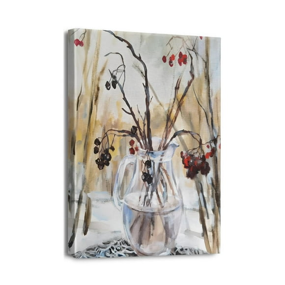Oeuvre Murale Style Ferme, Peinture Vintage Rustique à Cadre de Bois avec Thème de Fleurs - Déco Murale sur Toile Facile à Accrocher, 12x16.