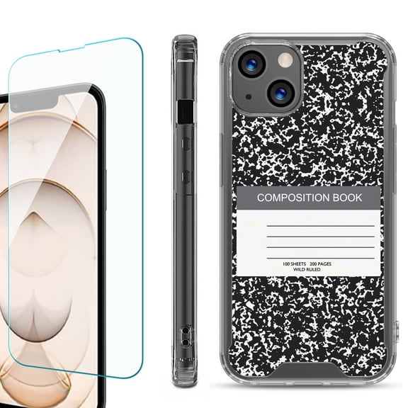 Shockproof Bumper Phone Case for iPhone 13, with Tempered Glass Screen Protector, by OneToughShield ® - Composition Book