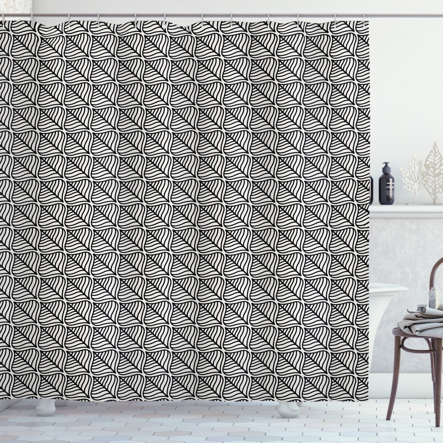 Abstract Shower Curtain, Slanted Art Deco Inspired Pattern of Striped Leafy in Monochrome Style, Fabric Bathroom Set with Hooks, 69W X 70L Inches, Dark Grey White, by Ambesonne