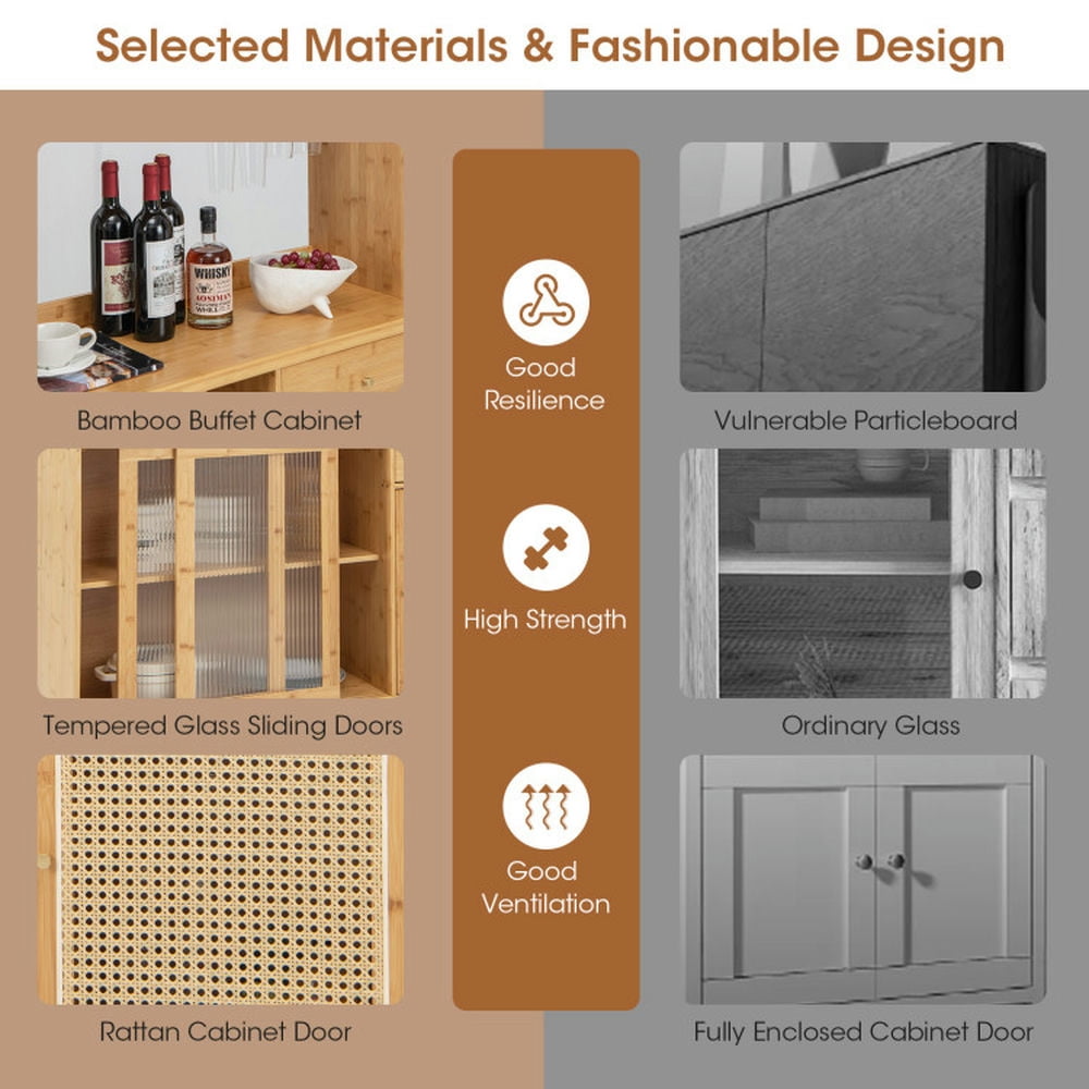 Finihen Kitchen Storage Cabinet, Buffet Sideboard, 69 Inch Wine Bar Kitchen Cabinet with Sliding Tempered Glass and Rattan Door, for Dining Room, Kitchen, Living Room, Natural Finihen Kitchen Storage Cabinet, Buffet Sideboard, 69 Inch Wine Bar Kitchen Cabinet with Sliding Tempered Glass and Rattan Door, for Dining Room, Kitchen, Living Room, Natural