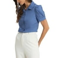 thumbnail image 4 of INSPIRE CHIC Women's Puff Short Sleeve Turn Down Collared Work Office Button Down Shirt M Blue, 4 of 6