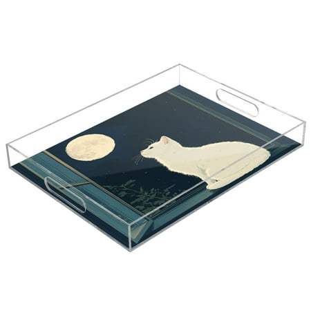 

WOBOGO Acrylic Serving Trays 15.7x11.8 Inch Spill Proof Clear Decorative Organizer with Handle White Cat Enjoying The Moon