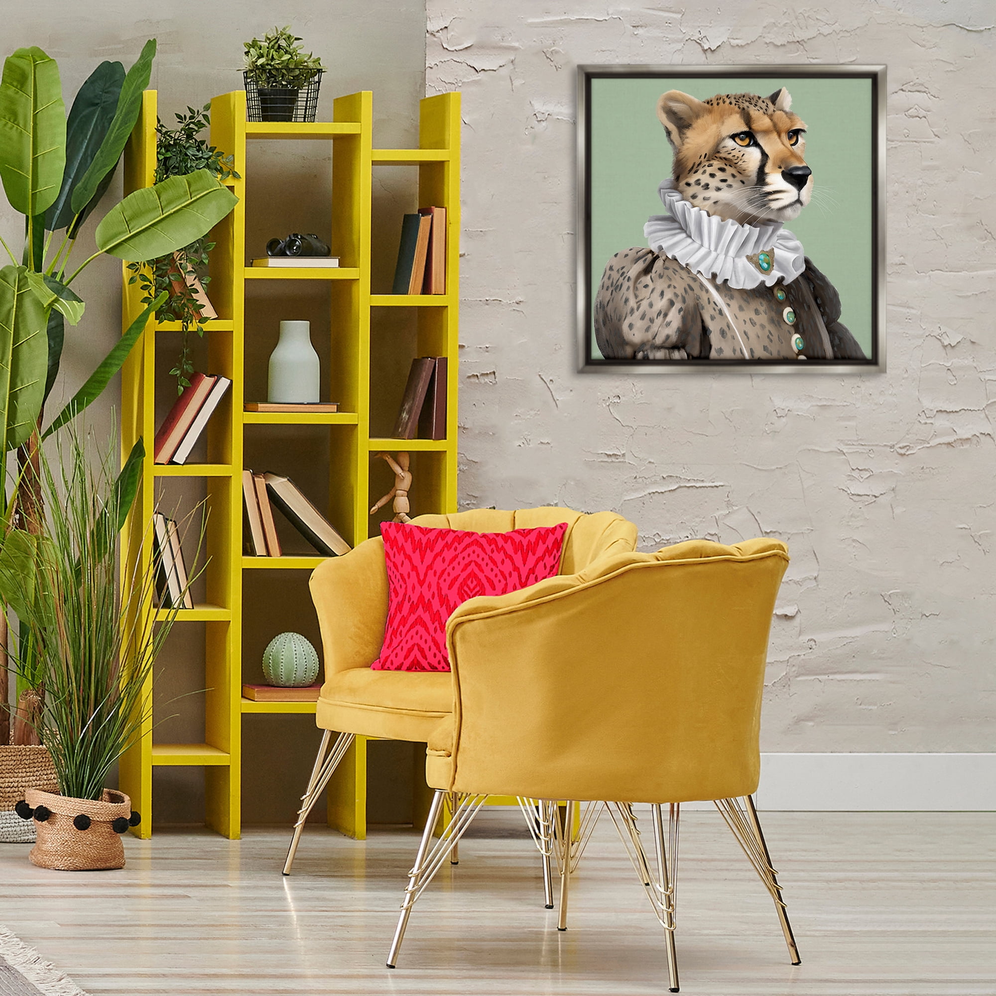 Stupell Industries Madame Cheetah Portrait Novelty & Humor Painting Gray Floater Framed Canvas Art Print Wall Art, 25 x 25