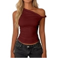 thumbnail image 3 of Craaazy Women's Solid Color One Shoulder Ruched Sleeveless Crop Casual Summer Daily Tops Gifts, 3 of 6