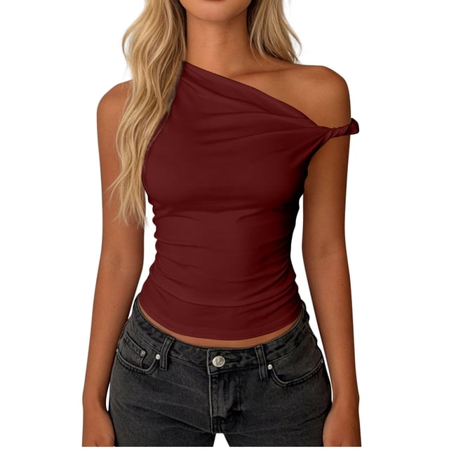 Fewfanhot Womens Spring Tops One Shoulder Ruched Crop Tank Tops Casual Off The Shoulder Summer Tanks Tops Going Out Crop Shirts