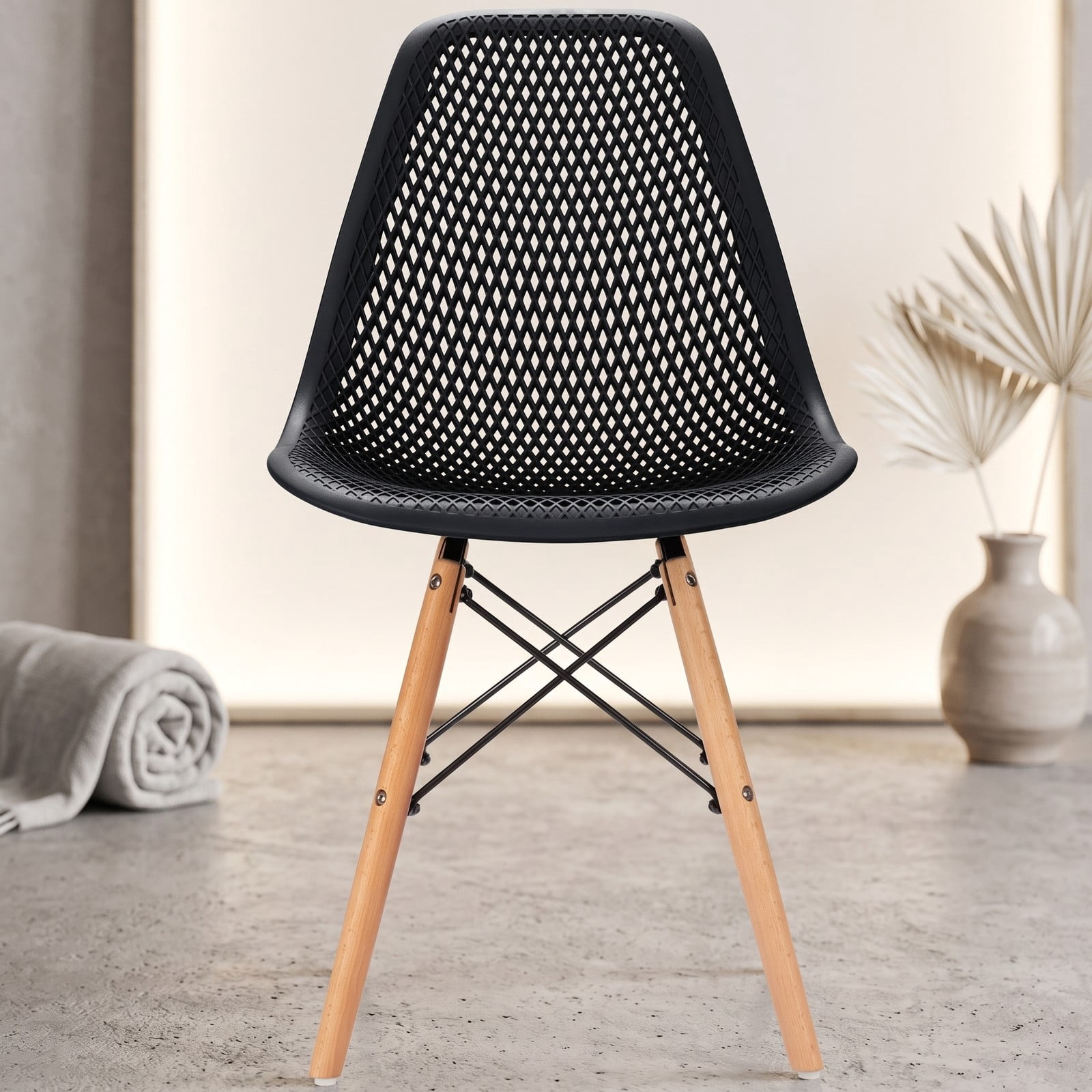 Furnibear Modern Plastic Dining Chair Set of 4, Mid-Century Hollow Kitchen Side Chairs with Solid Beech Wood Legs, Breathable Mesh Back, Waterproof Seat for, Black