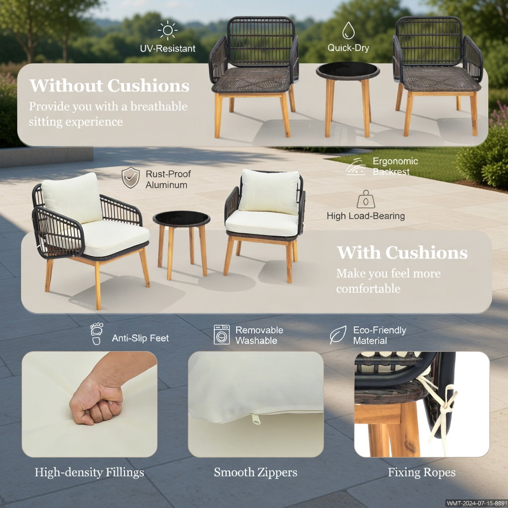 Hommoo 3-Piece Outdoor Patio Furniture Set, PE Rattan Chairs with Tempered Glass Side Table, Acacia Wood Frame, Weather-Resistant Cushions, Black