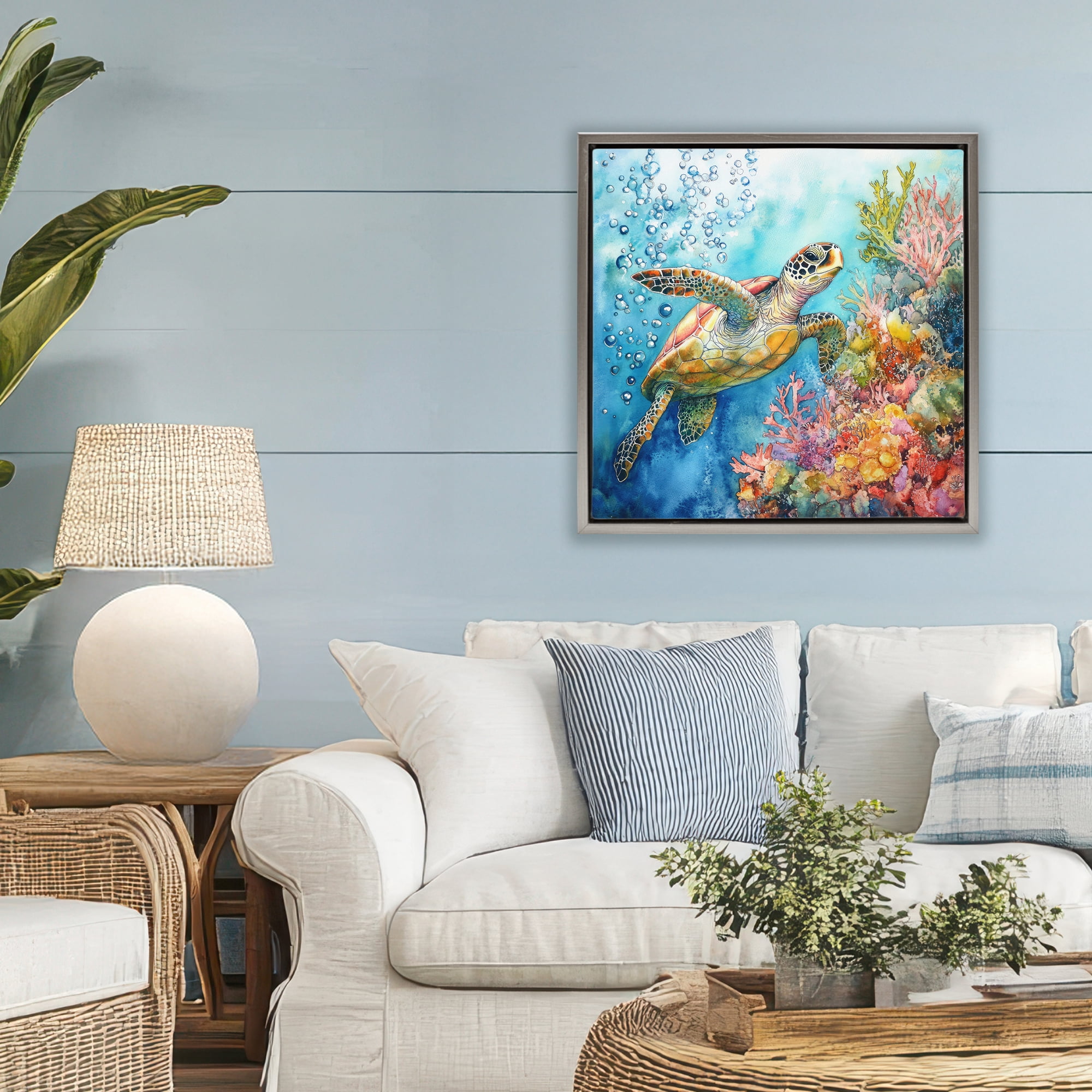 Stupell Industries Underwater Sea Turtle Bubbles Gray Framed Floater Canvas Wall Art, design by Tina LeCour