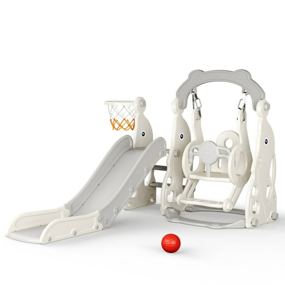 AMTPM 3-in-1 Toddler Slide, Moose Design Slide,1 Basketball Included, Light Gray