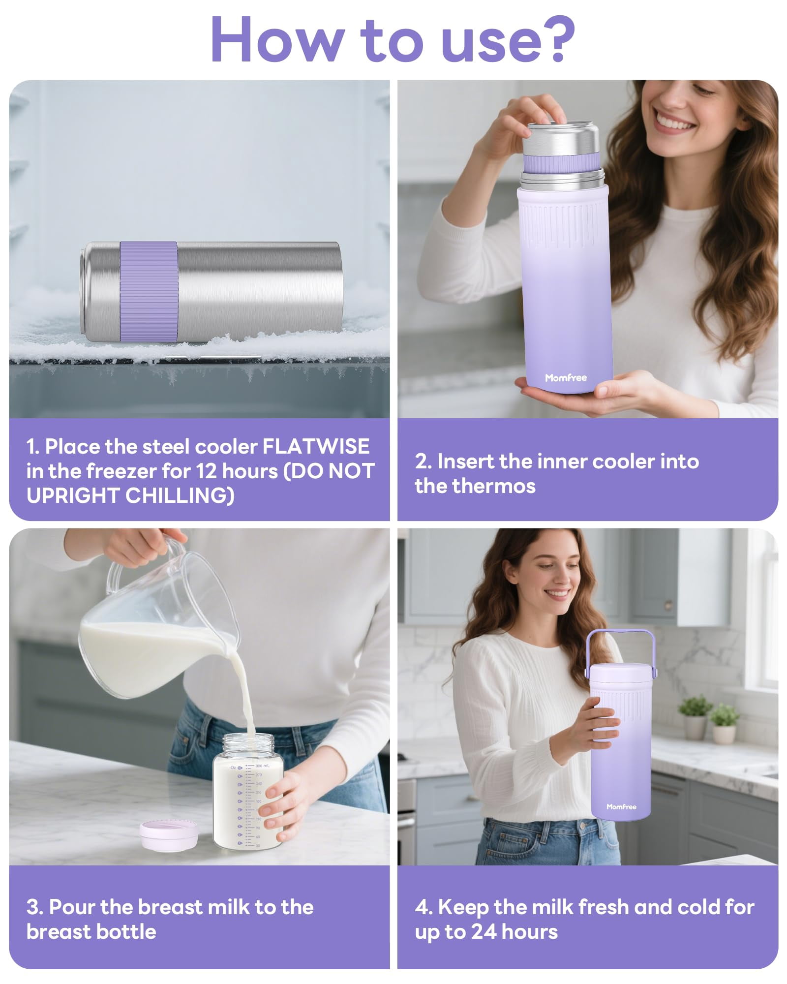 Momfree 22oz Breast Milk Cooler for Breastmilk Storage–360°Cooling Keeps Milk Fresh 24H,Portable Breastmilk Chiller with 2 BPA-Free Bottles, Leak-Proof,304 Stainless Steel,for Travel & Work