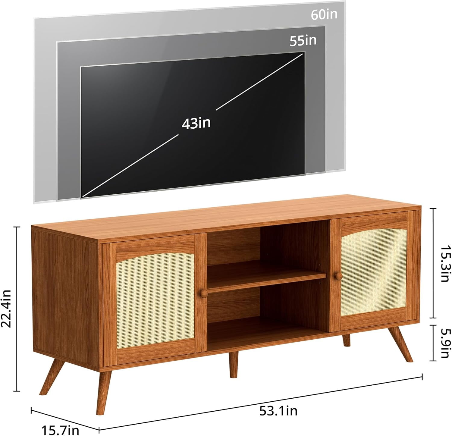 DIYART Brown Rattan TV Stand for 60 Inch TV, Wooden Mid Century Modern Entertainment Center with Natural Rattan Door, Boho Media TV Console for Living Room