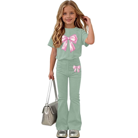 ATOGUTA Girl Clothes Kids Short Sleeve T-Shirts and Elastic Waist Flared Pants Size 5T-15 Athletic Shorts Set Green