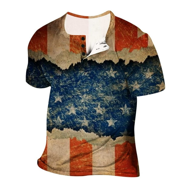 Mens Top Crew Neck Short Sleeves T-Shirt USA Flag Print Casual