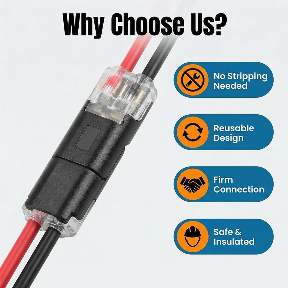 Double Wire Plug in Connector, Quick Connect Wire Connectors Push-in Snap On Electrical Connectors with Locking Buckle for LED Strip Lights DIY Wiring Low Voltage Projects