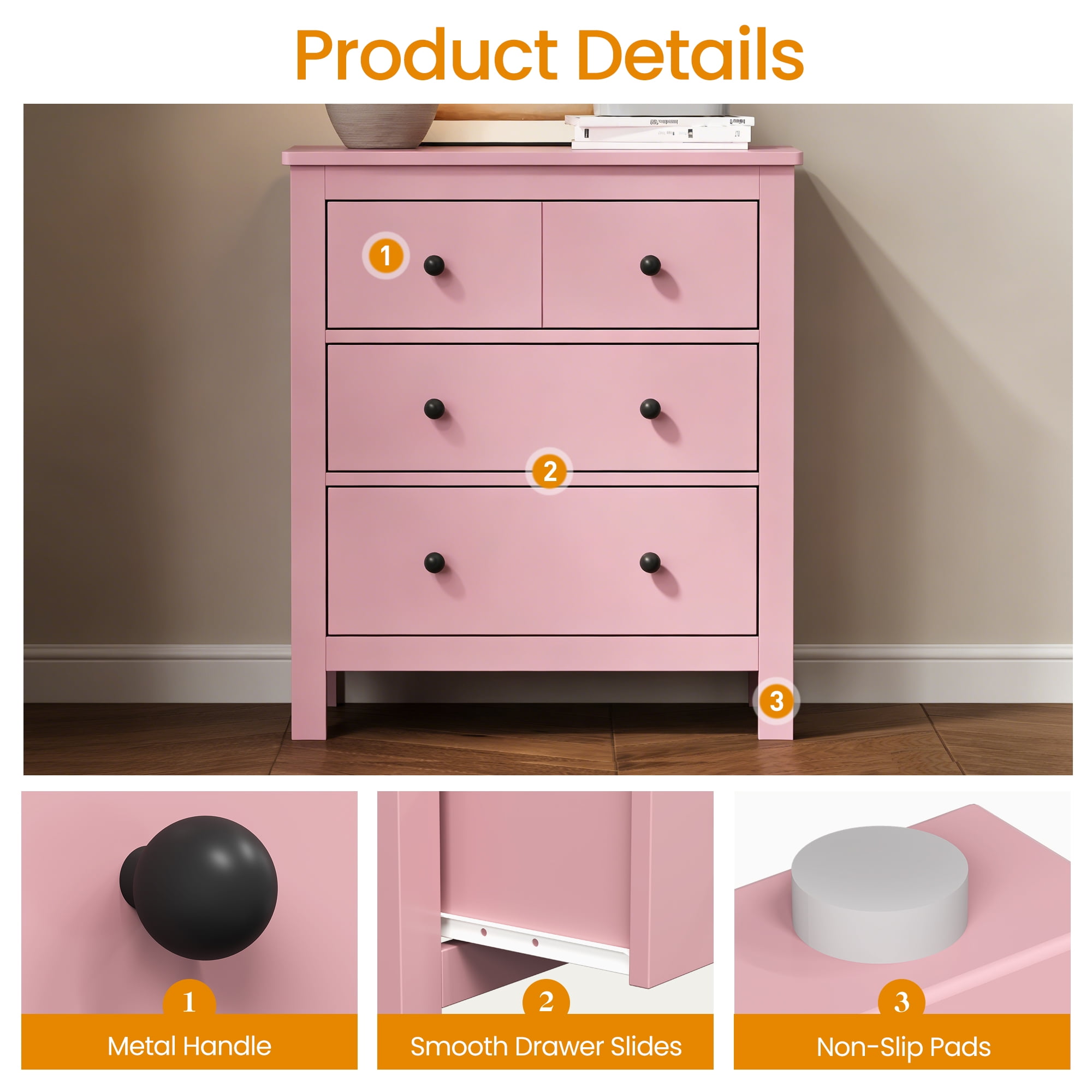 Heynemo 27" Wood Chest of Drawers with Storage Drawers for Living Room, Bedroom, Entryway, Pink