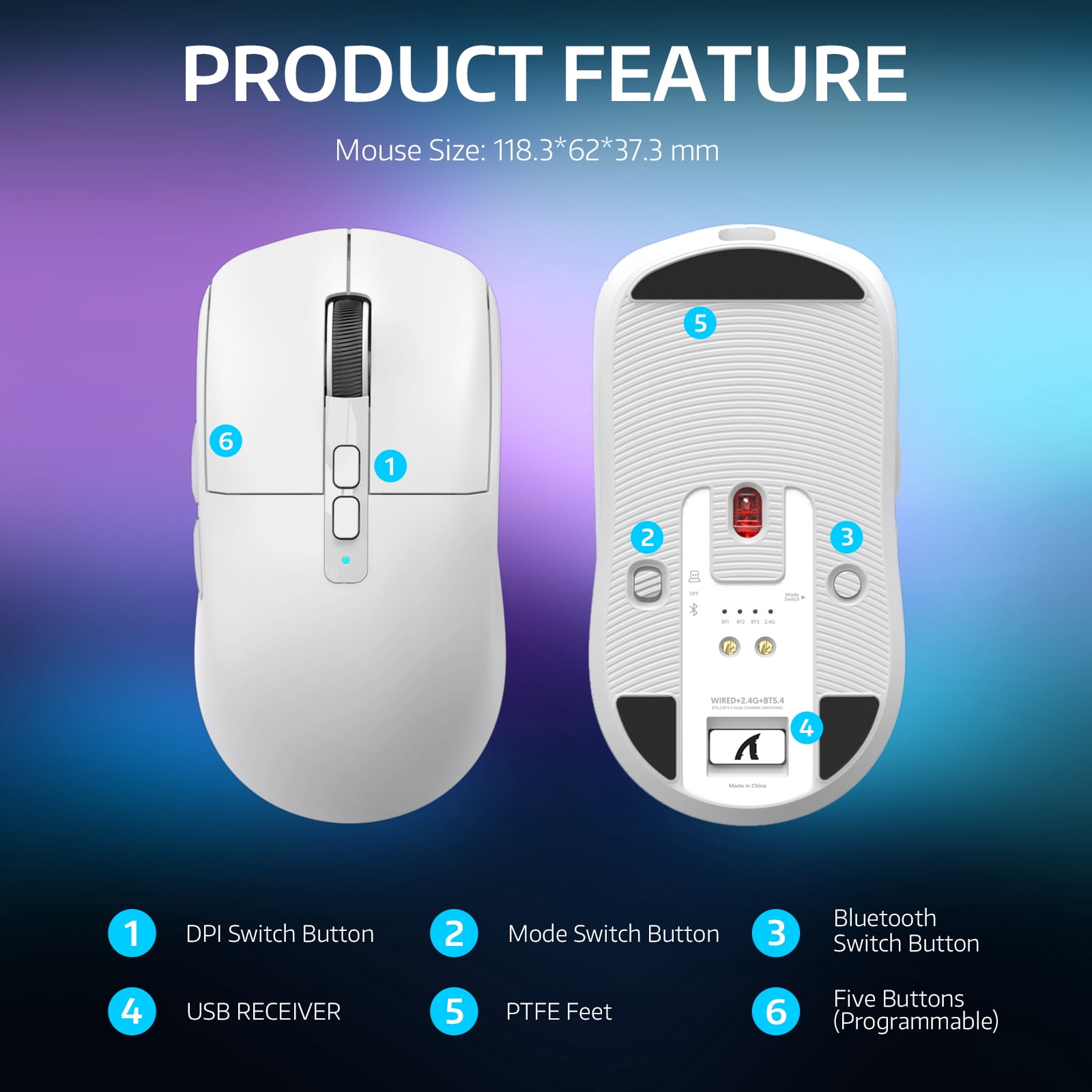 Manbasnake X6 Superlight Optical Wireless Gaming Mouse with Magnetic RGB Charging Case, White