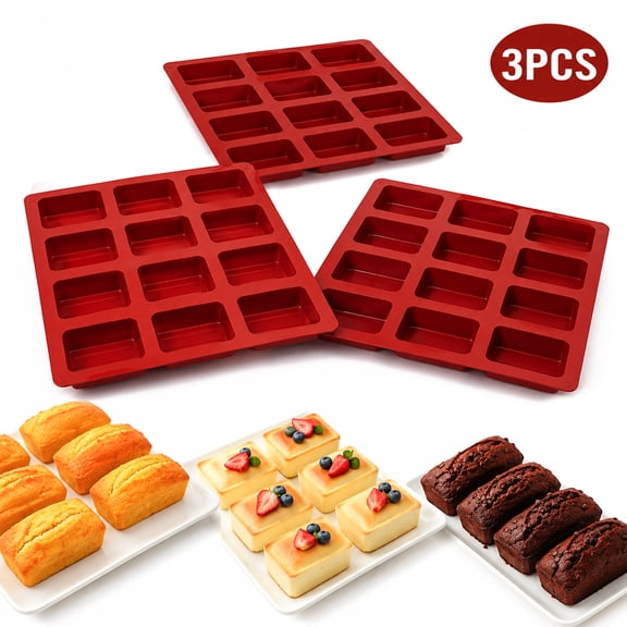 Mini Loaf Pan Silicone 12 Cavities Bread Baking Pan, Food Grade Non-stick, Ideal For Cornbread, Cheesecake, Chocolate Set of 3