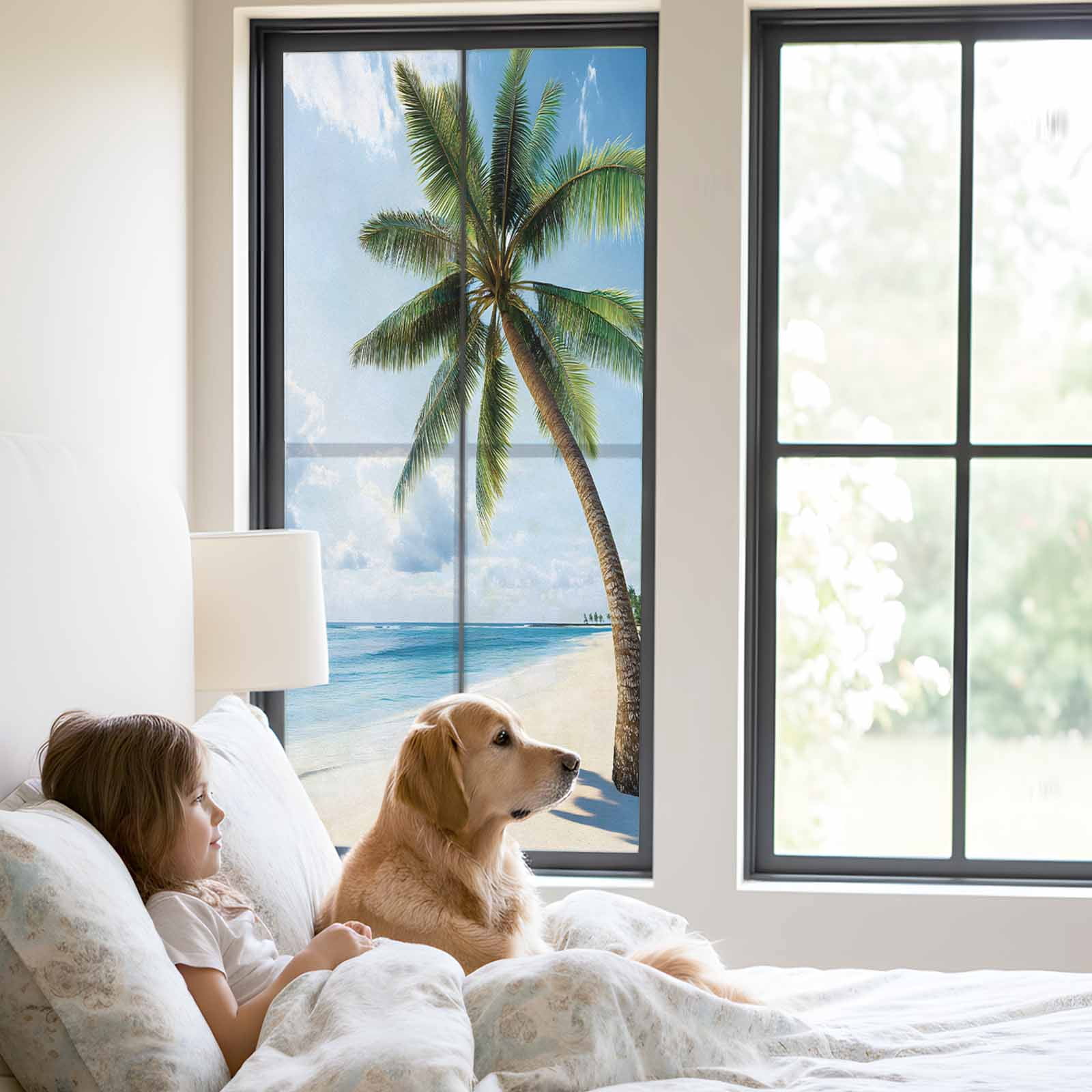 Ocean Beach Window Privacy Film, Coconut Tree Blue Sky Frosted Glass Window Clings Static Cling UV Heat Blocking Reusable Door Sticker for Bathroom 23.6 x 59 Inch