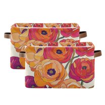 Yayeee 2 Pack Canvas Storage Basket with Handles for Shelves Fabric Bins Closet Organizer, Orange Hand Drawn Floral