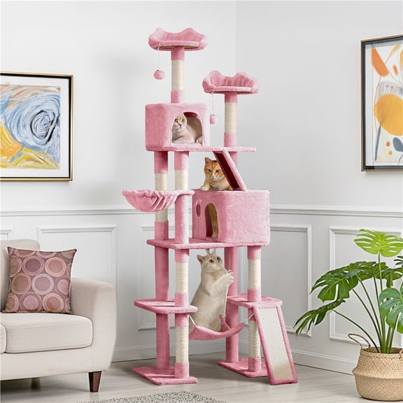Yaheetech 82.5" H Multi Level Cat Tree with 2 Condos and Basket, Pink