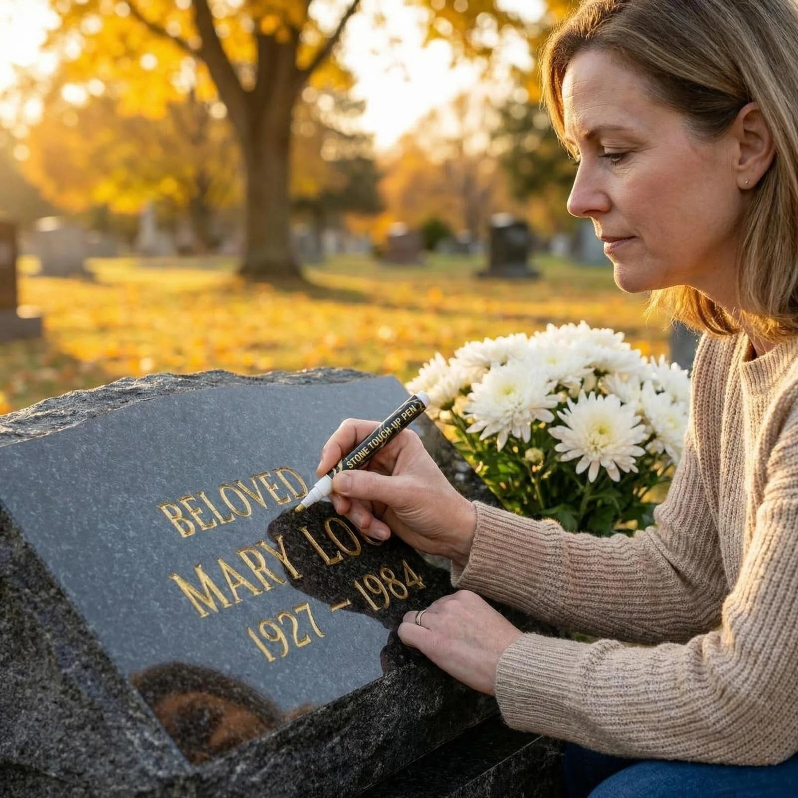 Golden Tombstone Marker Pen for Restoring Faded Grave Inscriptions, Waterproof Fast-Drying Oil-Based Stone Touch Up Pen, Permanent Paint Markers for Granite Headstones