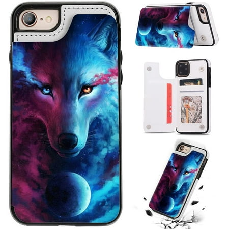 iPhone 7 iPhone 8 Case Wallet with Card Holder,Wolf Pattern PU Leather Double Magnetic Buttons Flip Shockproof Protective Case for iPhone 13 12 11 Pro Max XR X 8 7 6 Plus 5 5s