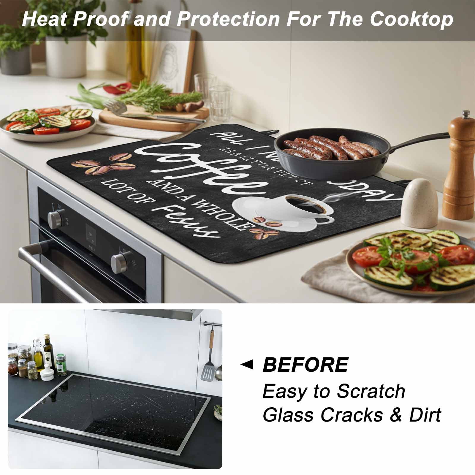 Vintage Coffee Stove Top Cover for Electric Stove, Heat-proof & Non Slip Glass Top Stove Cover Protector, Farmhouse Coffee Beans Cup Country Kitchen Flat Cooktop Rubber Mat 24x21 Inches