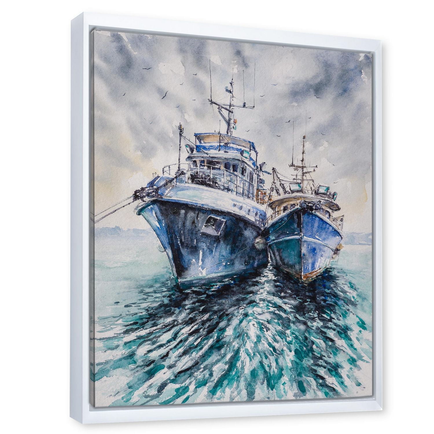 Designart Two Fishing Boats Before A Storm Anchored FLOAT FRAME WALL ART