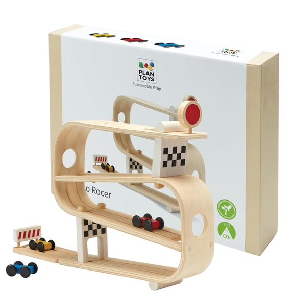 PlanToys® Wooden Ramp Racer for Kids | Montessori Inspired Car Ramp Toy with 3 Racing Cars | Eco Friendly Toddler Toy for Motion Play, Coordination & Cause and Effect Learning
