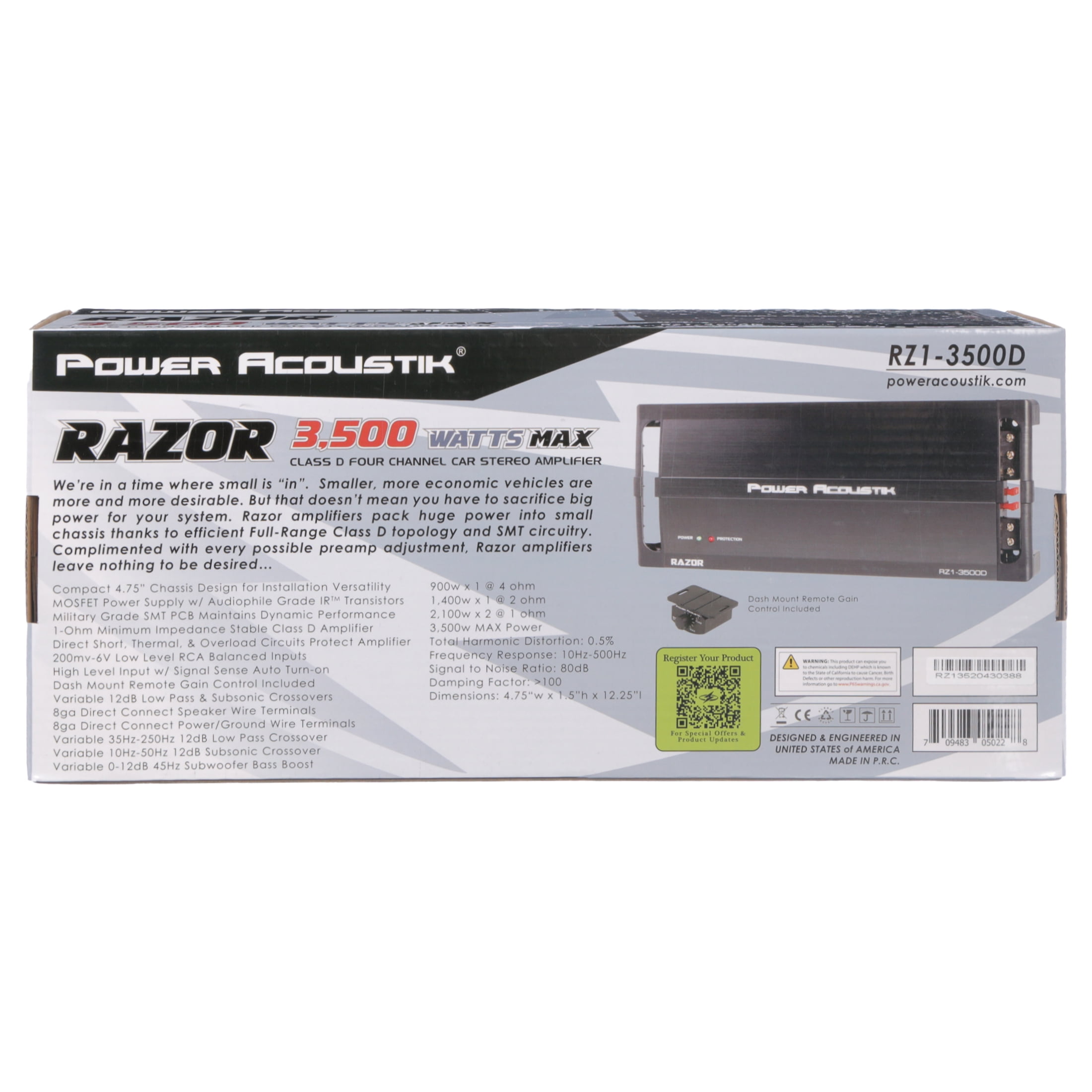 Power Acoustik Razor RZ1-3500D, 3500 W PMPO, 1 Channel, Class D Vehicle Audio Amplifier