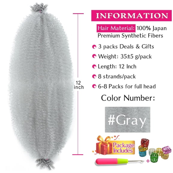WEIF-Afro Twist Hair 12 Inch 3 Packs, Springy Afro Twist Hair Pre Fluffed Spring Twist Hair Pre Separated Wrapping Hair for Soft Locs Hair Extensions (12 Inch (Pack of 3), Gray#)