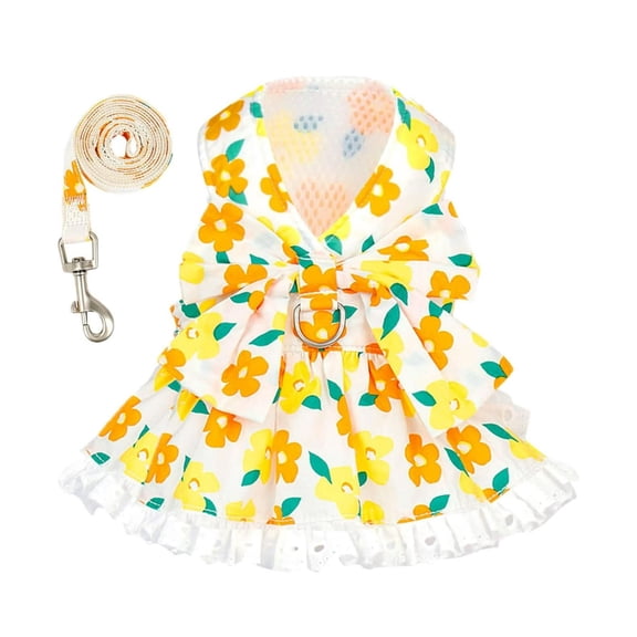 Cute Floral Dog Dress With Leash Set - Adorable Summer Bowknot Outfit for Small Ideal Lace Clothing for Female Dogs and Cats
