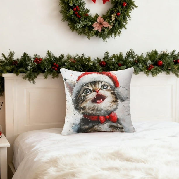 CaiYueKe Christmas Pillow Cover Holiday Decor Cute Cat Tree Design Linen Throw Pillowcase Seasonal Sofa Bed Couch Decorative Home Accent Festive Gift