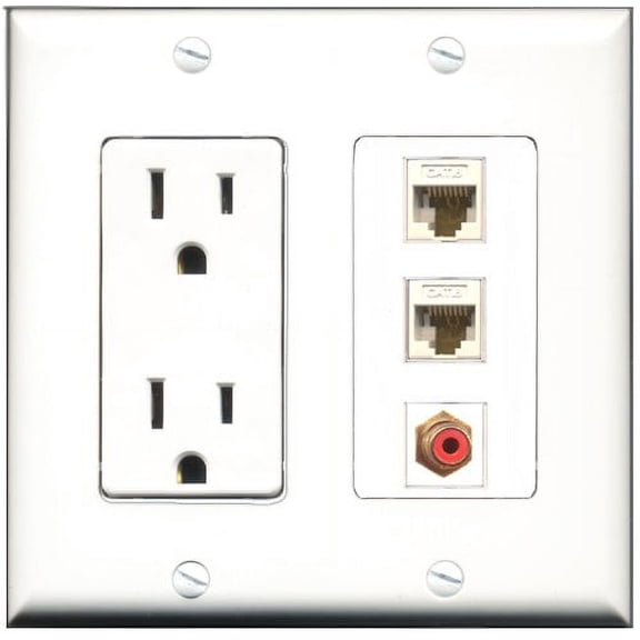 RiteAV - 15 Amp Power Outlet 1 Port RCA Red 2 Port Cat6 Ethernet Ethernet White Decorative Wall Plate