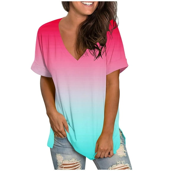 cocolona Women's 2024 Summer Tops V Neck Short Sleeve T-Shirts Casual Loose Gradient Print Tees Blouse