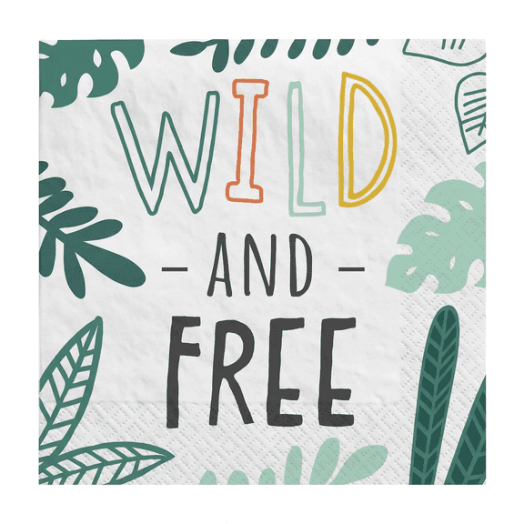 Jungle Party Napkins - Wild and Free Tropical Leaf Paper Cocktail Napkins, White Square 5 x 5 in - Safari Theme Party Supplies for Wild One Birthday & Baby Shower - 2 Packs (32 Count)