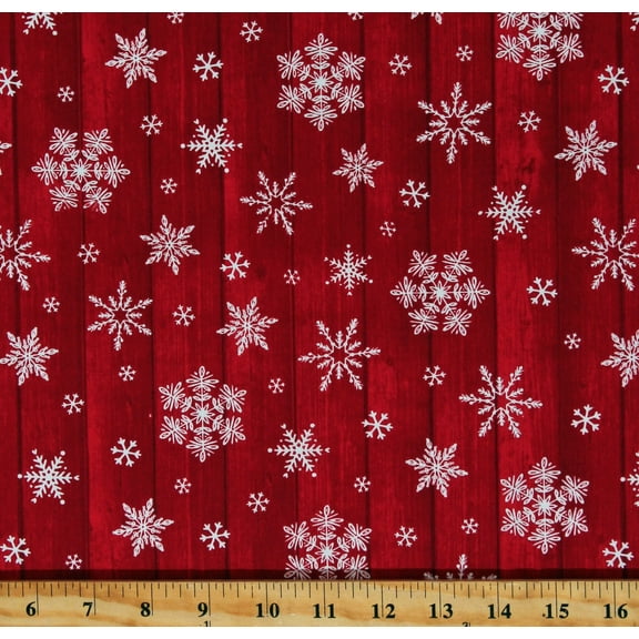 Cotton Snowflakes on Wood Grain Winter Holidays Chickadee Christmas Choir Red Cotton Fabric Print by the Yard (6440-88)