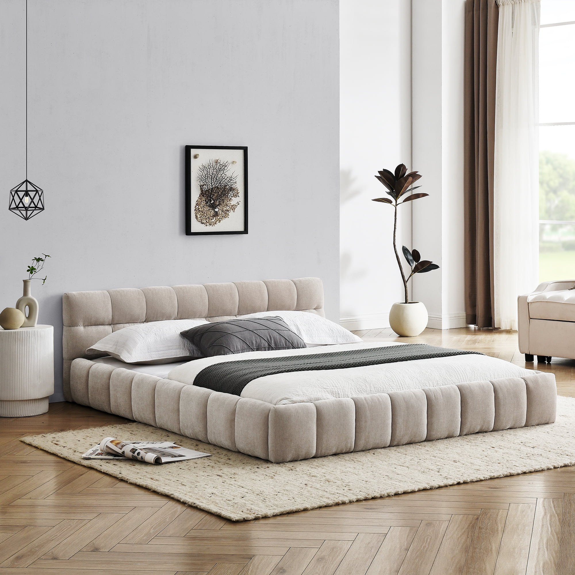 Queen Bed Frame with Thick Fabric, Chenille Fabric Grounded Queen Size Platform Bed with Headboard and Solid Frame, No Box Spring Needed, Upholstered Bed Frame Queen & Soft Bed Frame