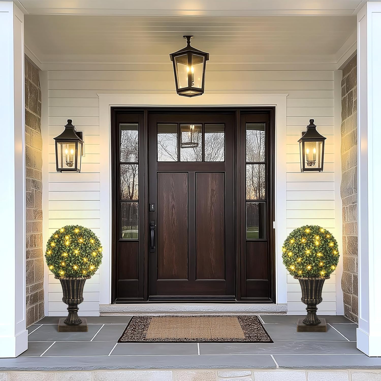 2 PCS 16 inch Artificial Plant Topiary Balls,Faux Boxwood Decorative Balls with Sturdy Pot Base,Pre-Lit Waterproof Fake Greenery Plants Ball for Backyard Garden Wedding Home Decor
